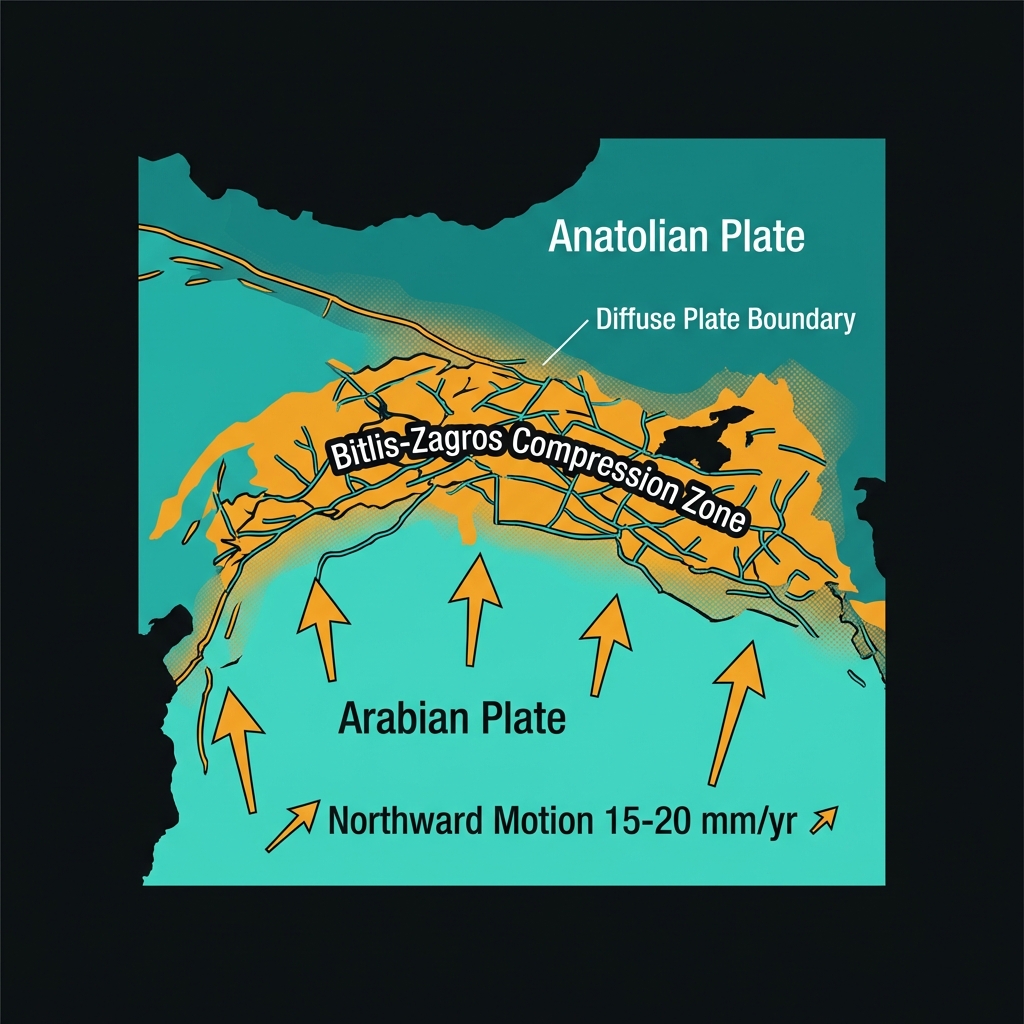 Tectonic diagram showing Arabian Plate colliding with Anatolian Plate along the Bitlis-Zagros Compression Zone