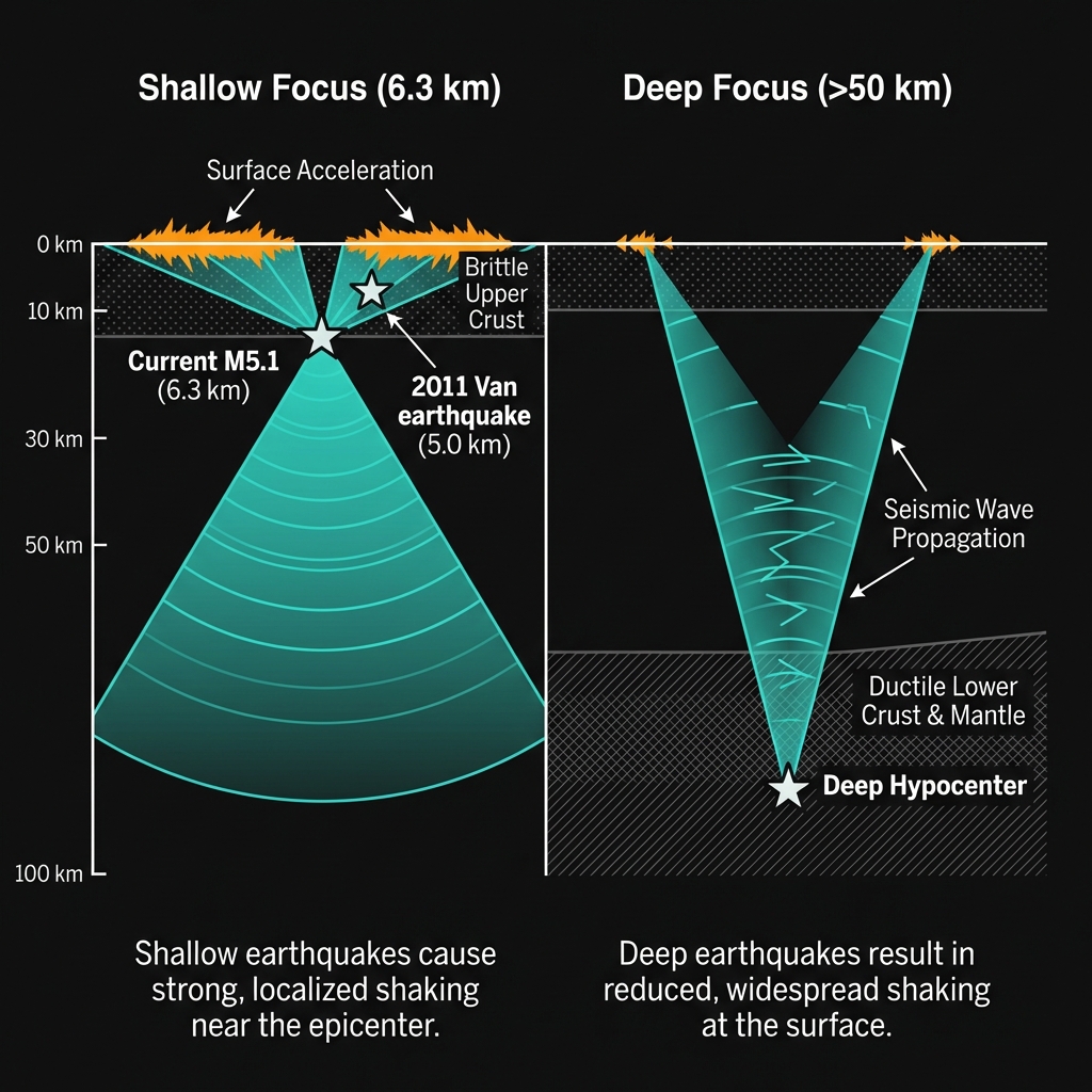 Diagram comparing shallow and deep earthquake focal depths showing differences in surface wave intensity and impact