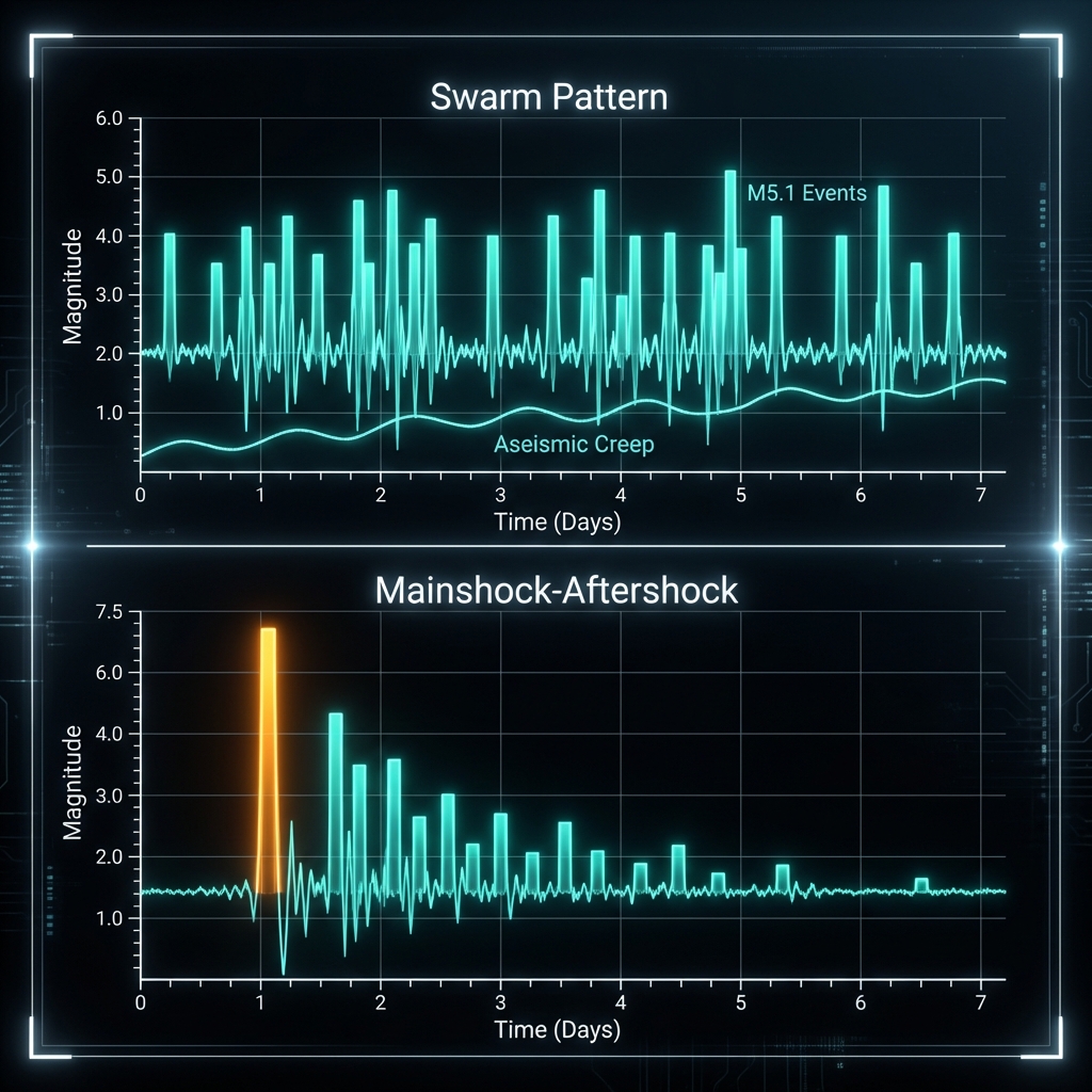 Timeline diagram comparing earthquake swarm pattern with mainshock-aftershock sequence