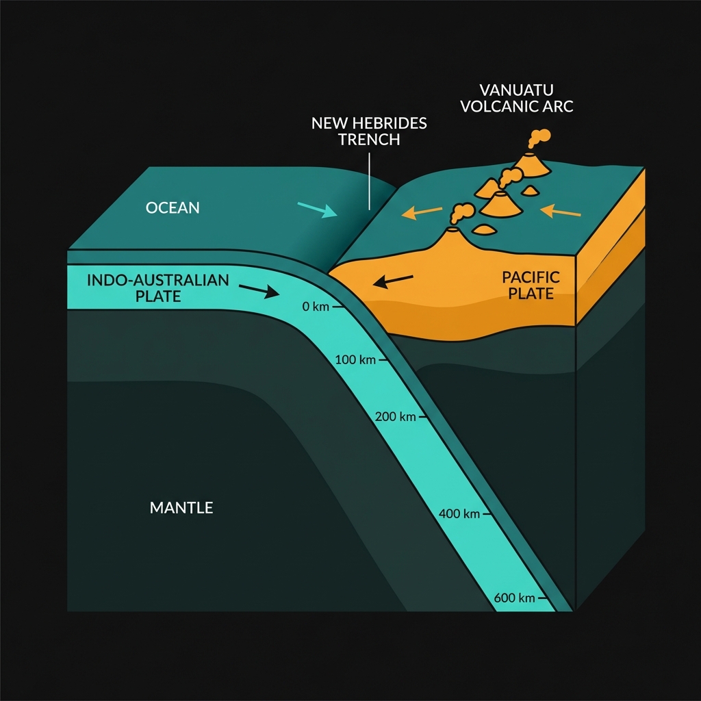 Diagram showing the subduction of the Indo-Australian Plate beneath the Pacific Plate at the New Hebrides Trench