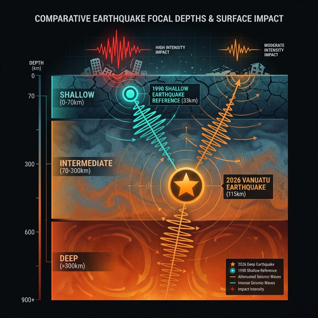 Diagram comparing shallow versus intermediate-depth earthquakes showing how depth affects surface energy transmission