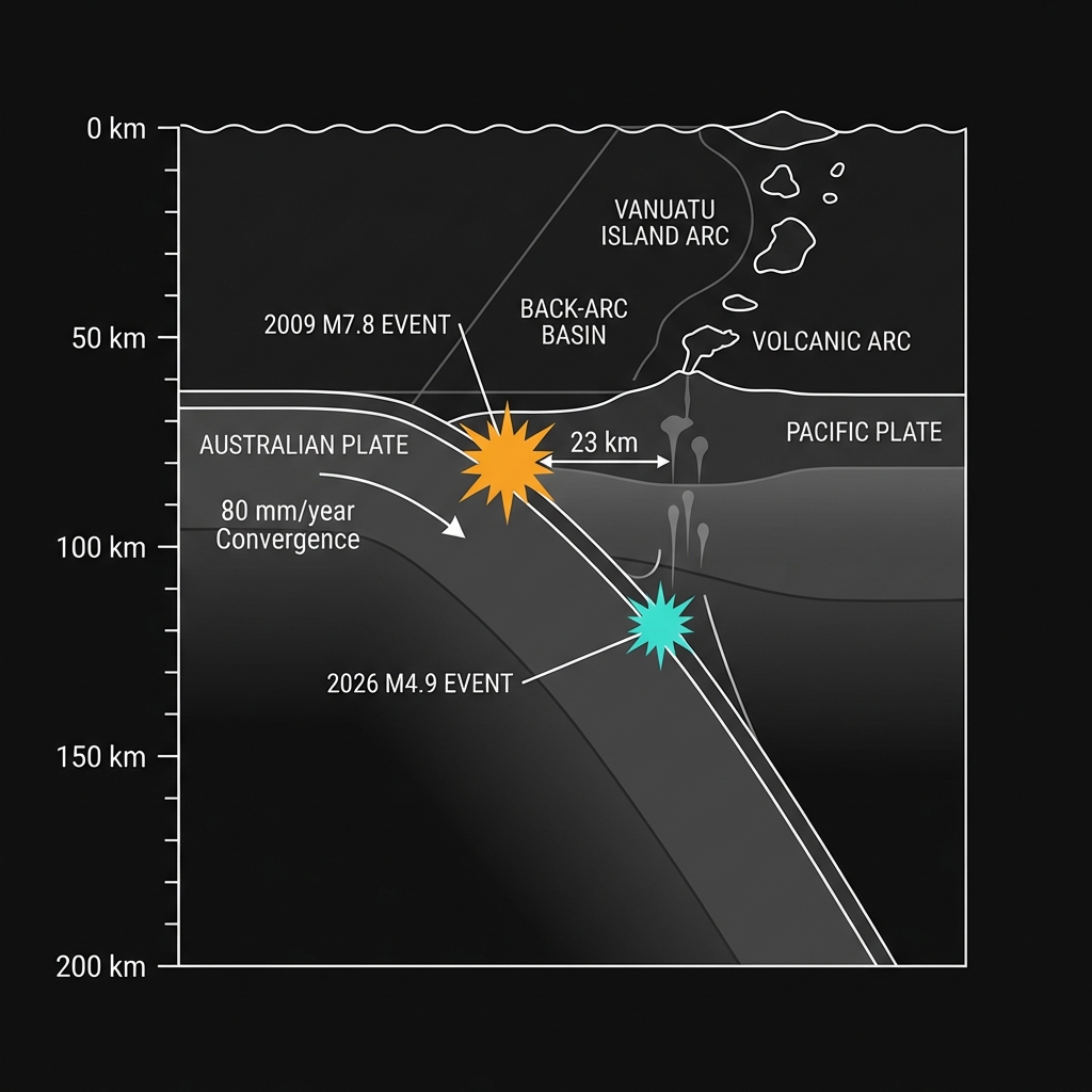 Cross-section diagram showing the Australian Plate subducting beneath the Pacific Plate with marked epicenters for the 2009 and 2026 earthquakes