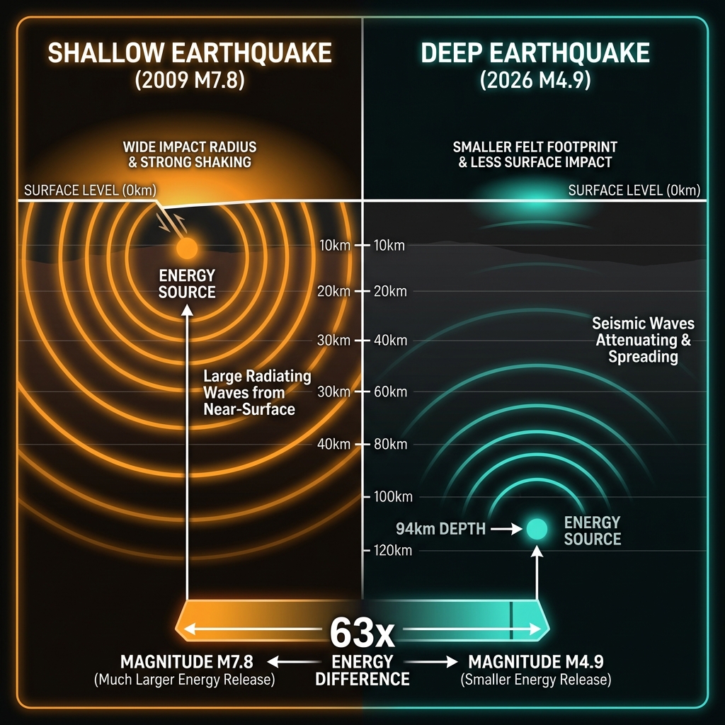 Diagram comparing how shallow earthquakes release more intense surface energy compared to deep earthquakes which attenuate before reaching the surface