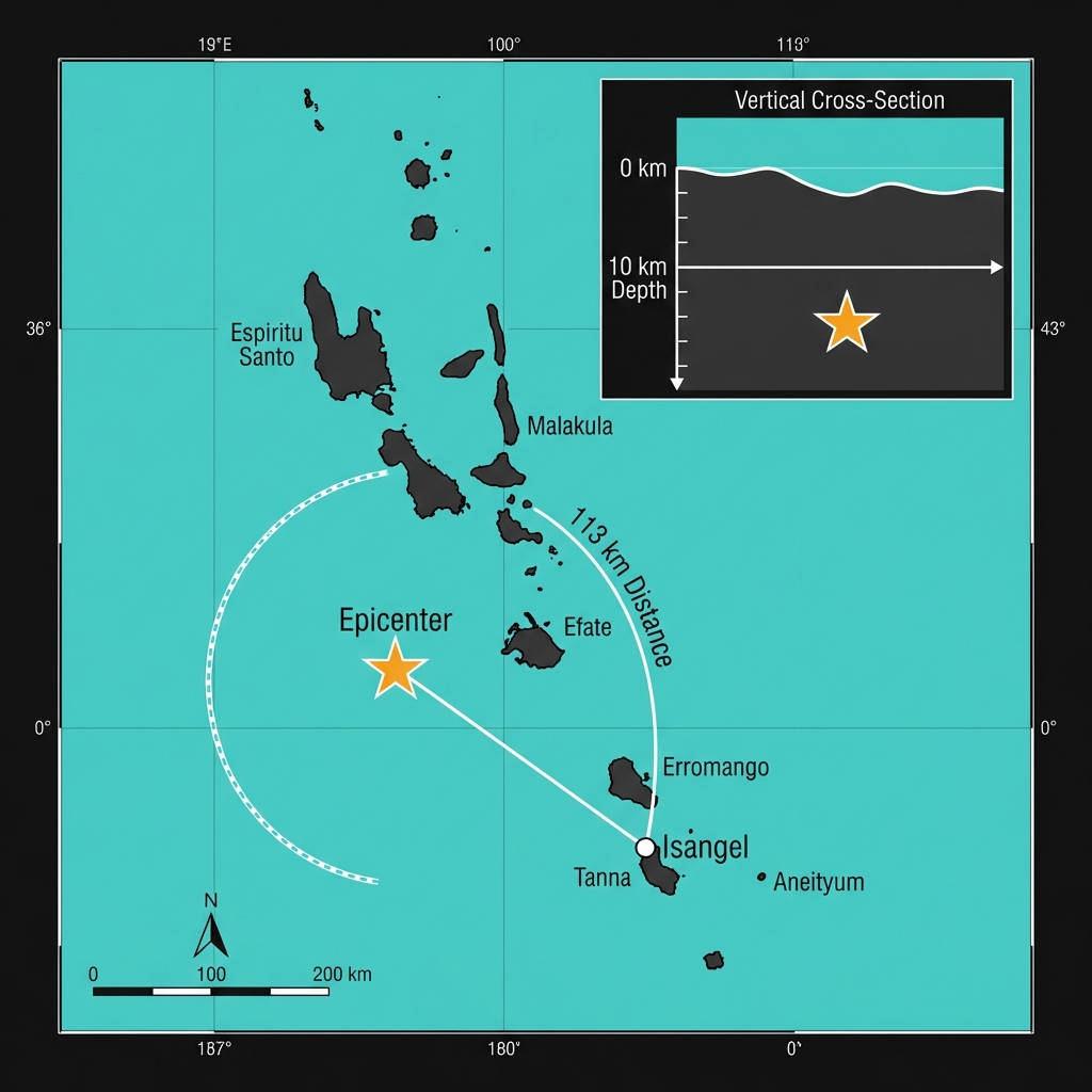 Map showing earthquake epicenter location 113km from Isangel, Vanuatu at 10km depth