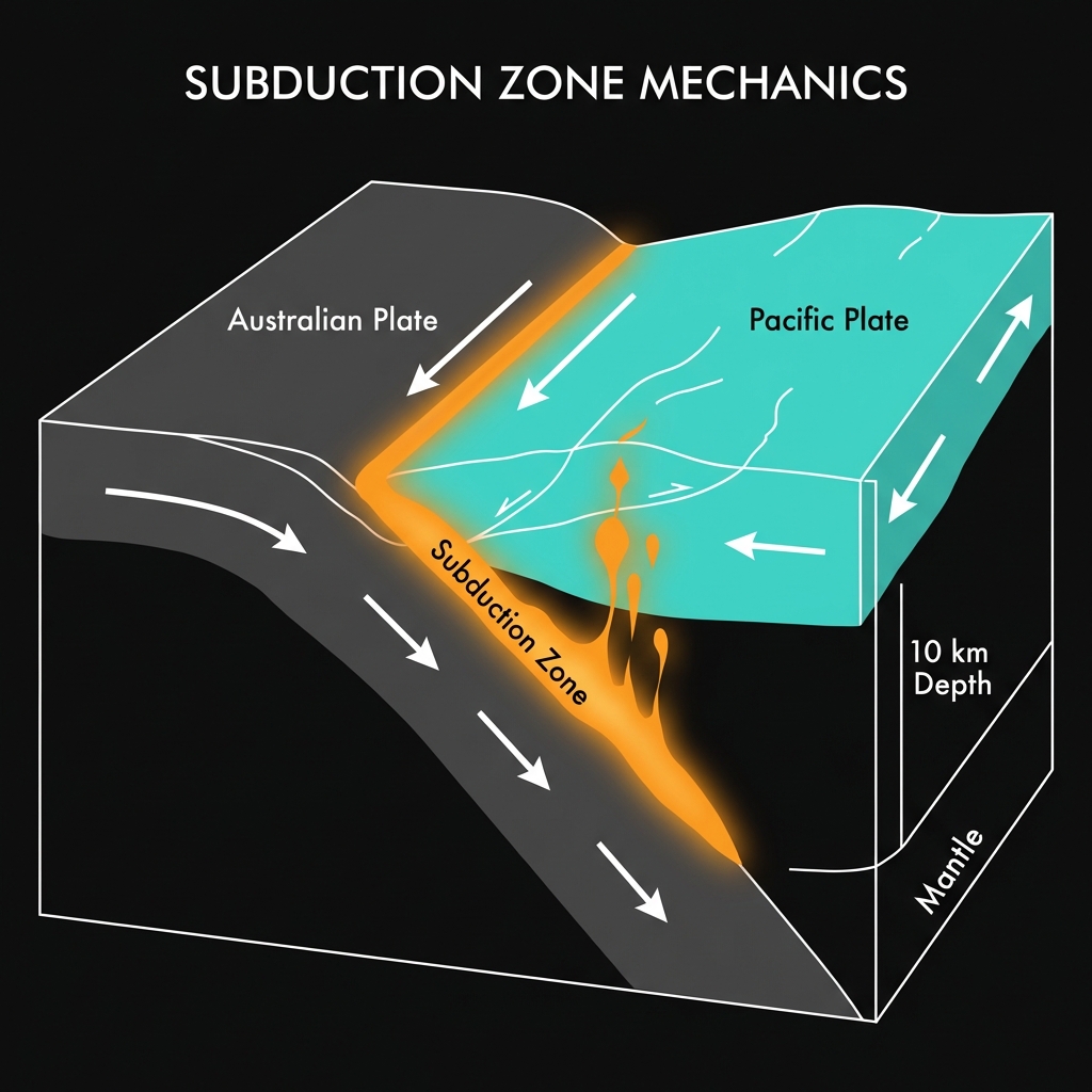 Cross-section diagram of Australian Plate subducting beneath Pacific Plate at Vanuatu