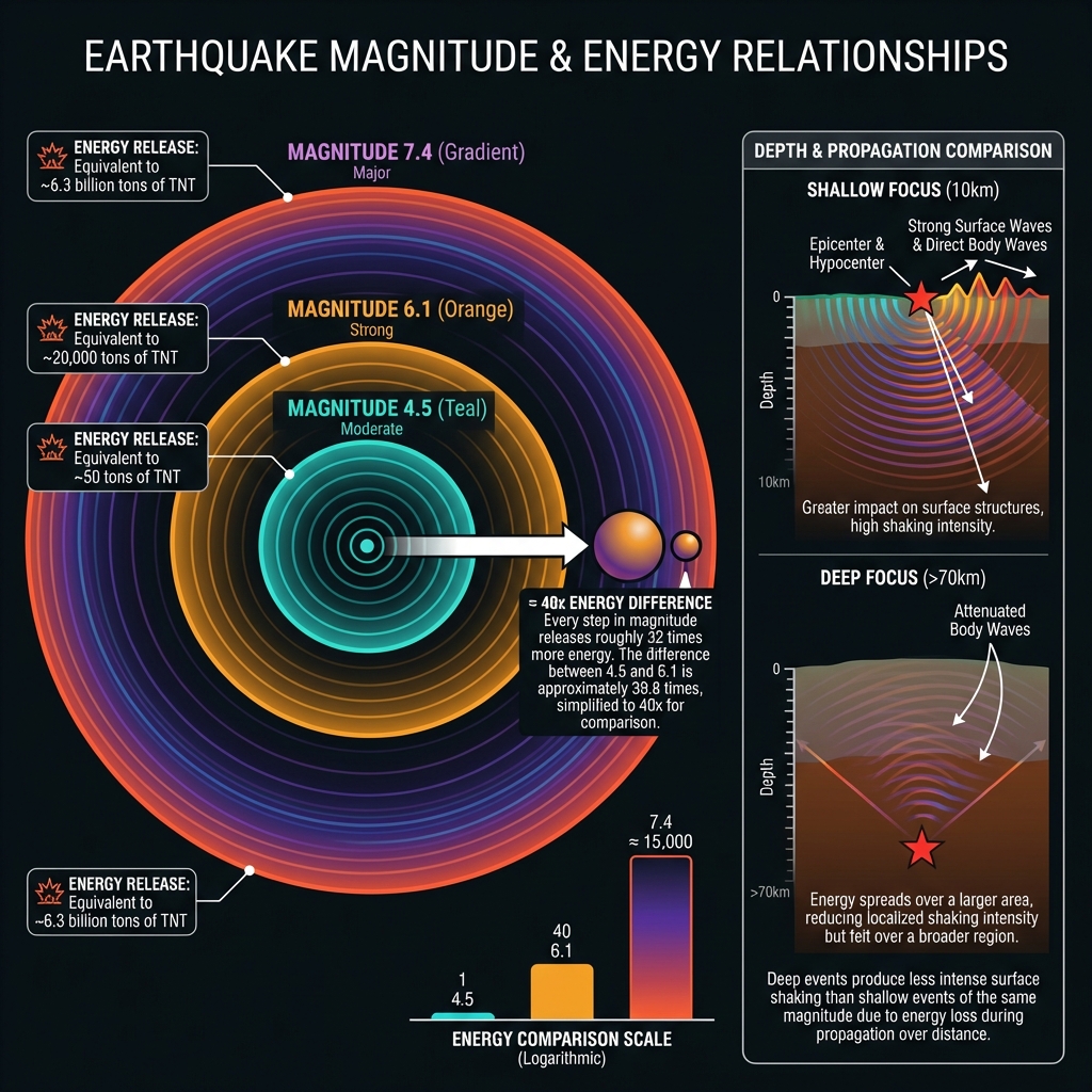 Infographic comparing earthquake magnitudes 4.5, 6.1, and 7.4 showing energy release and depth differences