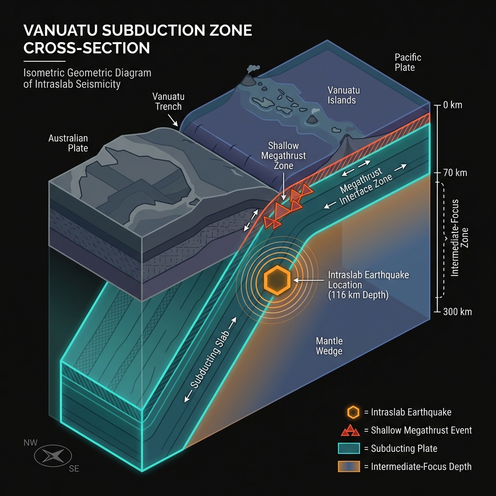 Diagram showing the Australian Plate subducting beneath the Pacific Plate with the earthquake's 116km depth location marked within the descending slab