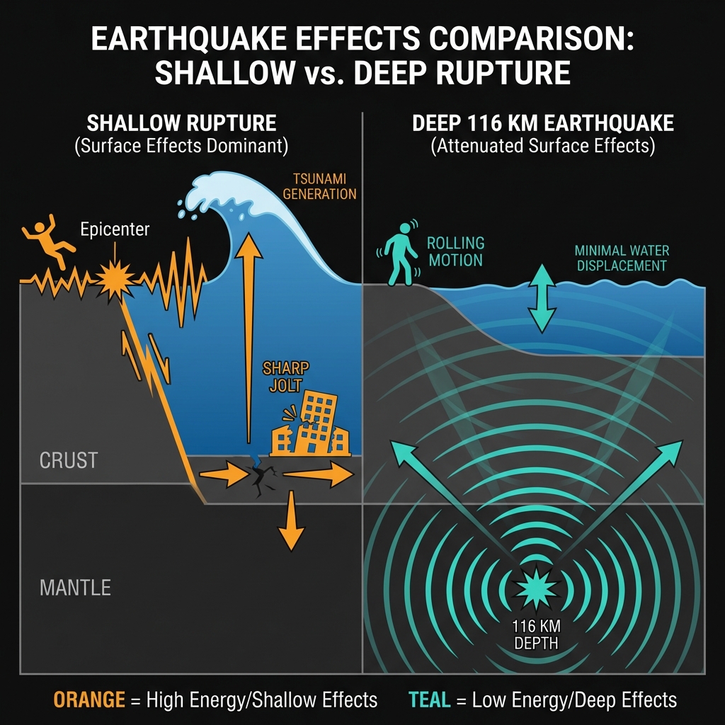 Diagram comparing shallow earthquakes that generate tsunamis with deep earthquakes that dissipate energy before reaching the surface