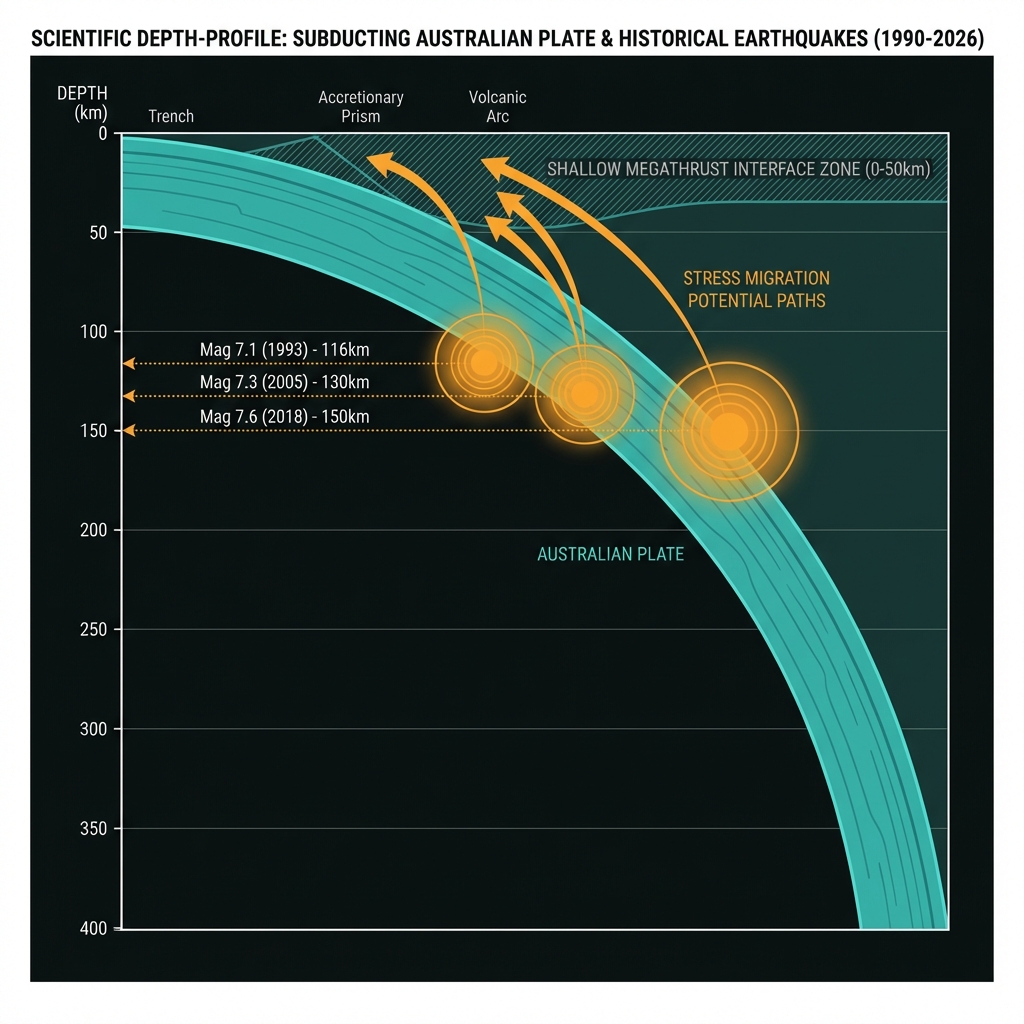 Depth profile showing historical deep earthquakes plotted along the subducting slab with arrows indicating potential stress migration toward shallower depths