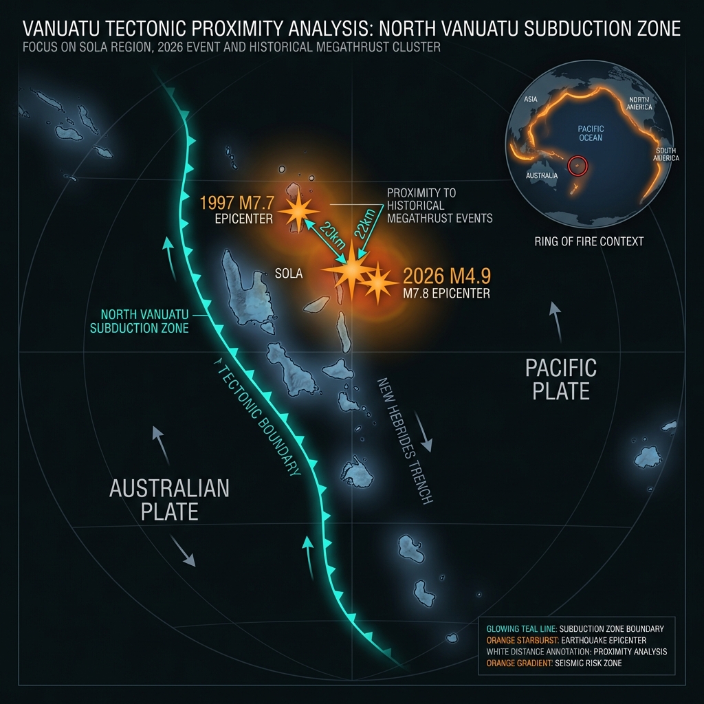 Map diagram showing the close proximity of three major earthquakes near Vanuatu, with distance markers indicating how close the recent 2026 earthquake occurred to previous destructive megathrust events