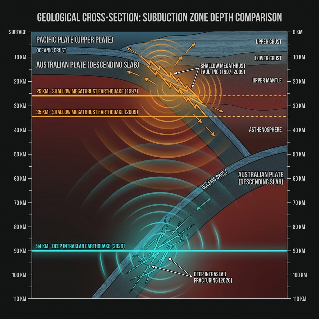 Cross-section diagram comparing earthquake depths, showing 1997 and 2009 shallow megathrust earthquakes at 25-35km depth versus the 2026 deep intraslab earthquake at 94km within the subducting plate