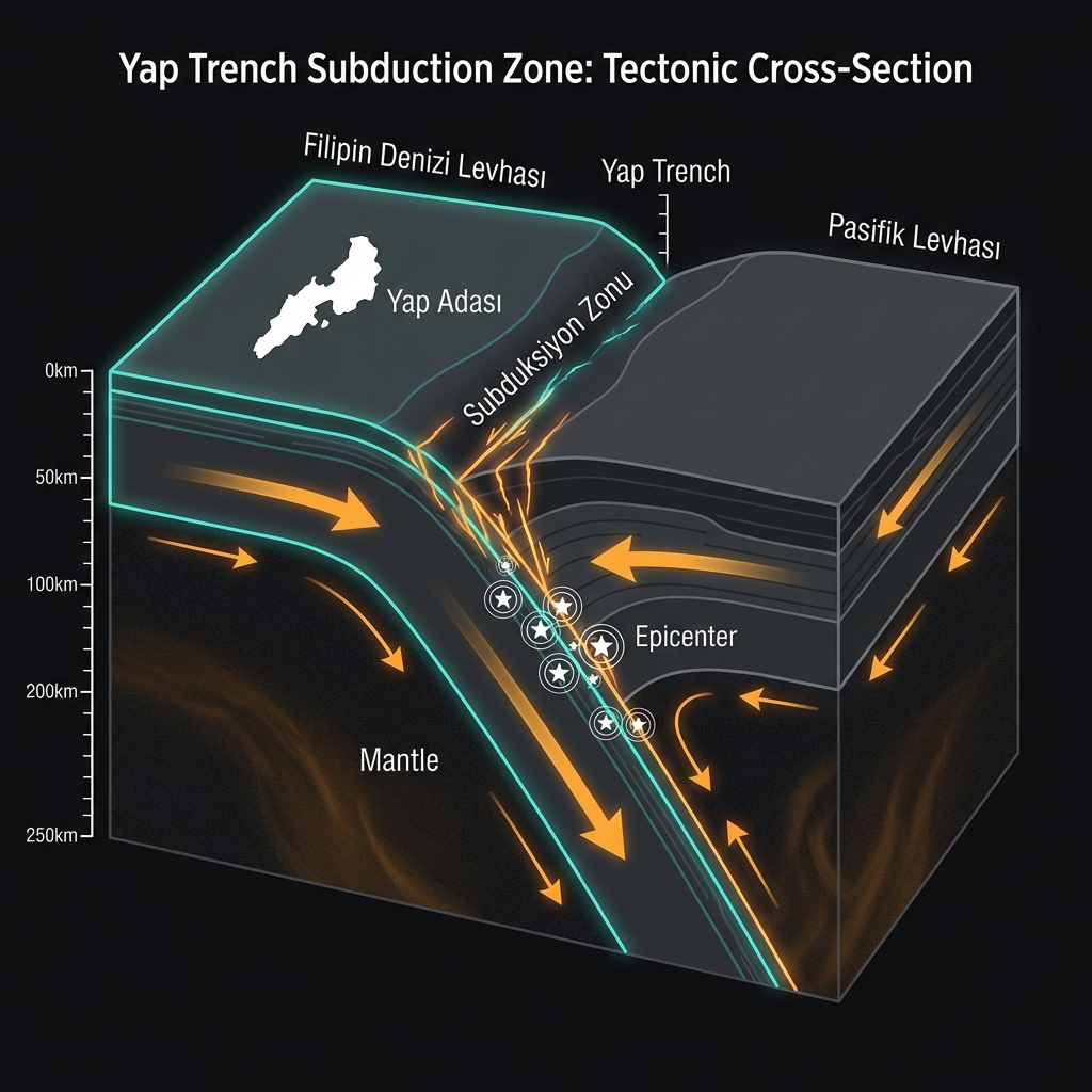 Tectonic diagram showing the Philippine Sea Plate and Pacific Plate collision at the Yap Trench subduction zone
