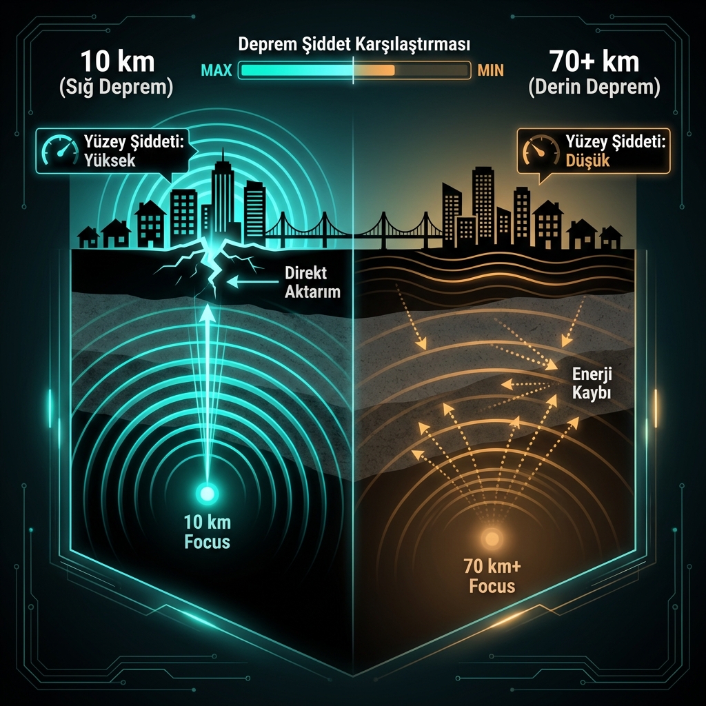 Diagram comparing seismic energy transfer from shallow 10km versus deep 70km earthquake foci