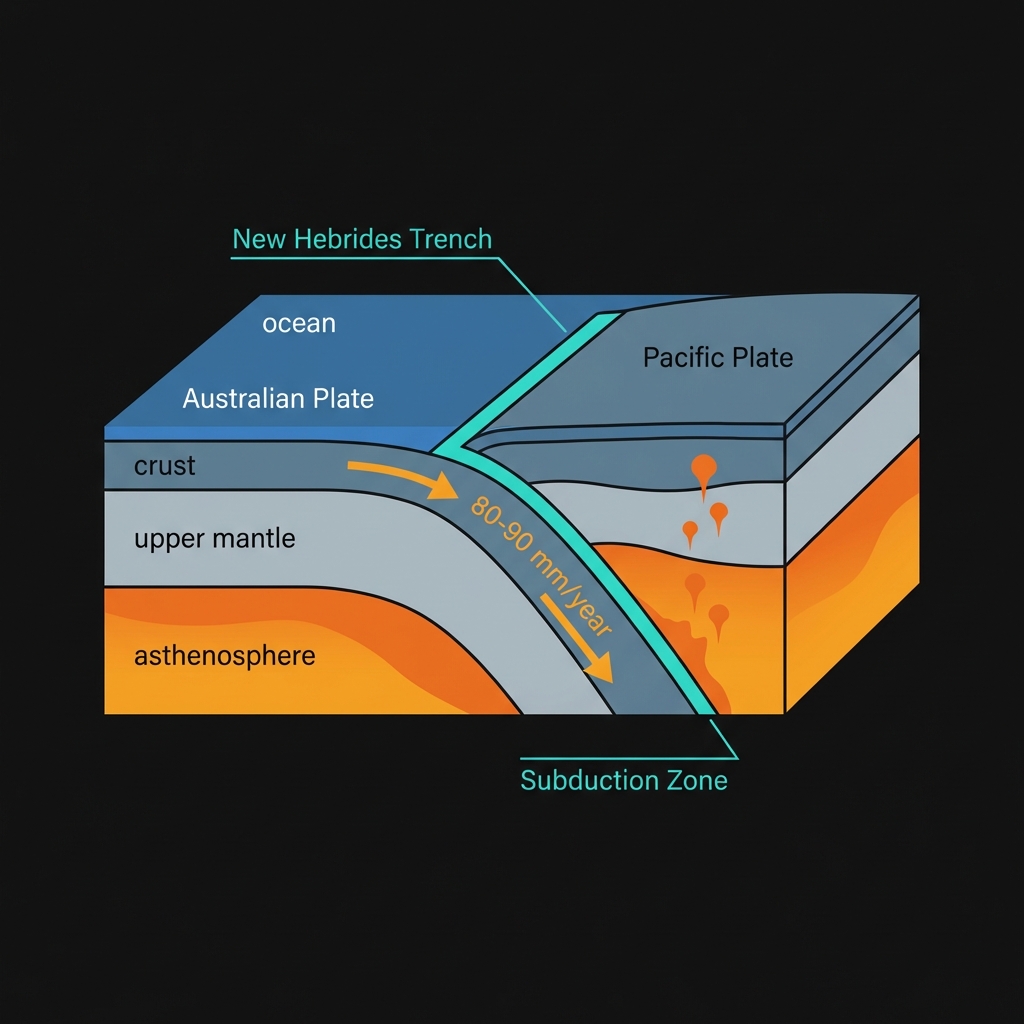Diagram showing the Australian Plate subducting beneath the Pacific Plate at the New Hebrides Trench