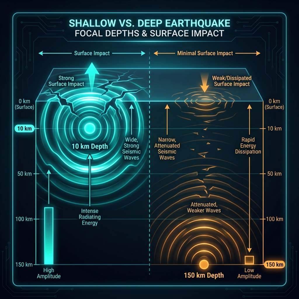 Diagram comparing shallow 10km earthquake energy propagation versus deep earthquake wave attenuation