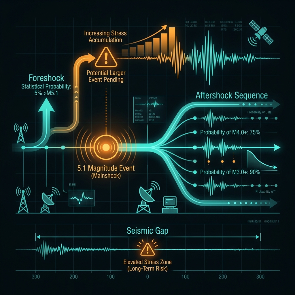 Diagram showing seismic monitoring timeline and probability assessment for the 5.1 magnitude earthquake
